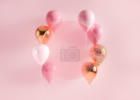 Foto de Conjunto de globos voladores de renderizado 3d en palo. Fondo de color rosa pastel y dorado con marco de vidrio transparente redondo. Espacio vacío para exposición de productos, texto de cumpleaños, felicitaciones de vacaciones banners de redes sociales - Imagen libre de derechos