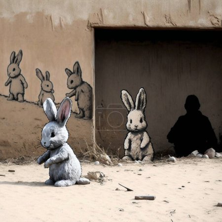 Téléchargez les photos : Banksy style cartoon of bunny rabbits - en image libre de droit