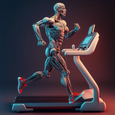 Téléchargez les photos : Illustration, AI robot running on a treadmill - en image libre de droit