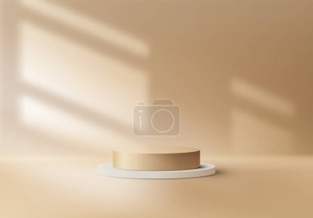 Téléchargez les illustrations : 3D realistic white and gold podium stand pedestal with window lighting on golden studio room background. You can use for luxury products display presentation, cosmetic display mockup, showcase, etc. Vector illustration - en licence libre de droit