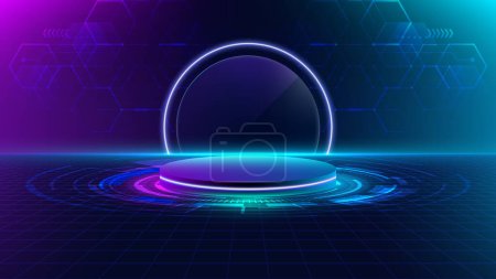 Téléchargez les illustrations : 3D realistic technology digital cyberpunk podium display neon lighting circle portal with HUD geometric elements and lighting effect on dark blue background. You can use for show product tech, game design future, etc. Vector illustration - en licence libre de droit