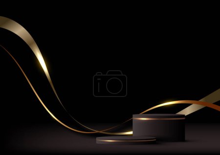 3D realistic black and gold podium stand with abstract golden wave lines and ribbon with lighting effect on black background modern luxury style. You can use for studio room elegant wall scene, mockup advertising, showroom, showcase. Vector illustrat