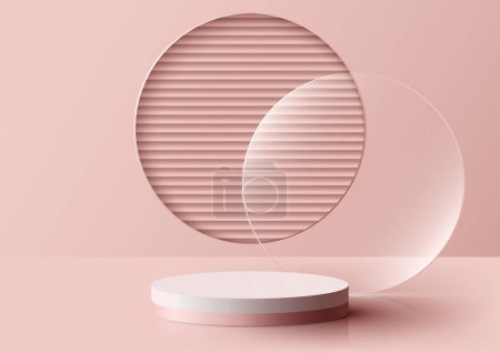 Illustration for 3D realistic white and pink podium stand decoration with circle transparent glass and round circle window background. You can use for luxury products display presentation, cosmetic display mockup, showcase, valentine day, etc. Vector illustration - Royalty Free Image
