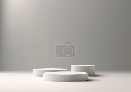 Illustration for Elevate your designs with this 3D realistic group of white podium cylinder mockup. Showcase your products in a modern, minimal style. Perfect for displays, objects, and presentations. - Royalty Free Image