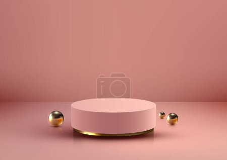Illustration for Experience the allure of luxury with this stunning 3D gold and pink podium in a modern studio room. The elegant vector illustration showcases shiny golden balls on pink background, stylish interior design concept. Product showcases and mockups - Royalty Free Image