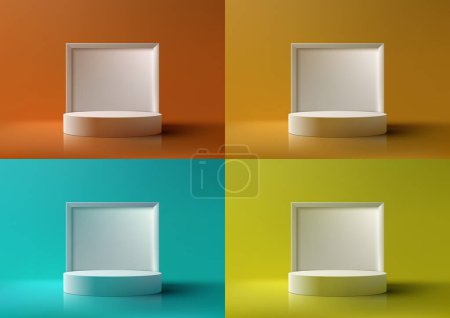 Ilustración de 3D mockup podio blanco es perfecto para mostrar sus productos. Cuenta con un fondo de color brillante y un fondo de marco cuadrado. Ilustración vectorial - Imagen libre de derechos