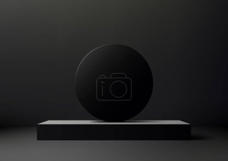 Ilustración de El renderizado 3D de un podio negro con una esfera en la parte superior es perfecto para maquetas de visualización de productos. El diseño minimalista y el fondo oscuro lo hacen versátil y adecuado para una variedad de productos. Ilustración vectorial - Imagen libre de derechos