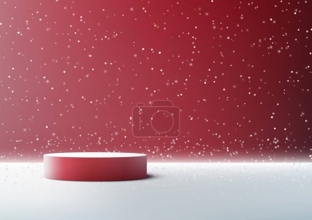 Illustration for 3D festive red podium with snowy background is perfect for showcasing your Christmas and winter products. Ideal for mockups, displays, showrooms, and product presentations. Vector illustration - Royalty Free Image