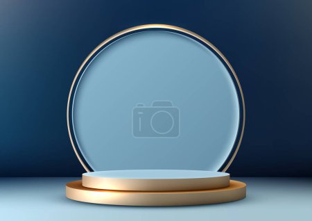 Ilustración de 3D oro podio maqueta de estilo de lujo. Fondo azul y marco circular, esta escena versátil es perfecta para exhibir joyas, cosméticos, perfumes. Ilustración vectorial - Imagen libre de derechos