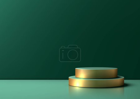 3D gold and green podium mockup. Featuring a minimalist design and luxurious colors, it's perfect for showcasing jewelry, cosmetics, fragrances. Vector illustration