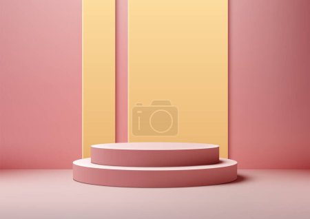 3D pink podium with a yellow wall in the pink background. Product mockup display. Vector illustration