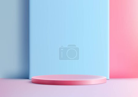 3D pink podium with a lighting shines on it, against a light blue background, Minimal style, product display, mockup, showroom, showcase. Vector illustration