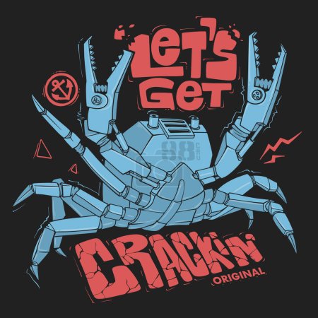 Téléchargez les illustrations : Crabe robot futuriste. T-shirt imprimé design. - en licence libre de droit