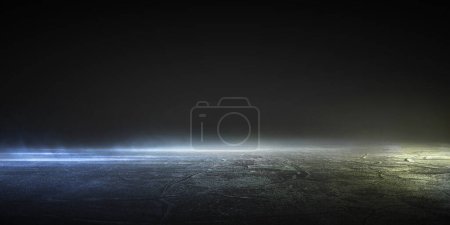 Foto de 3D renderizado fondo de pantalla húmedo asfalto reflejo de luces de neón sobre fondo negro. - Imagen libre de derechos