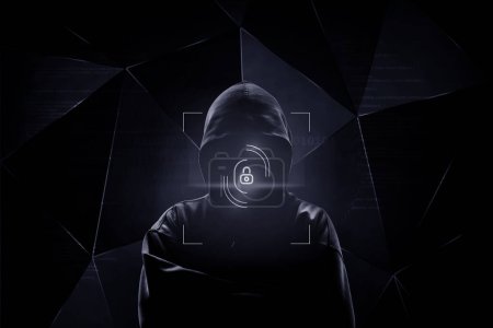 Photo for Internet crime concept. Hacker working face unlock on a code on dark digital background with digital interface around. - Royalty Free Image