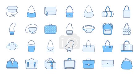 Illustration for Women bags illustration including icons - purse, handbag, fashion clutch, business briefcase, backpack, leather suitcase, shopper. Thin line art about clothes accessory. Blue Color, Editable Stroke. - Royalty Free Image