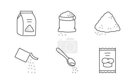 Illustration for Flour doodle illustration including icons - sack, sugar, sachet, yeast powder, teaspoon. Thin line art about baking ingredients. Editable Stroke. - Royalty Free Image