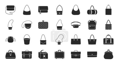 Illustration for Women bags illustration including flat icons - purse, handbag, clutch, business briefcase, backpack, leather suitcase, postback, shopper. Glyph silhouette art about clothes accessory. Black color. - Royalty Free Image