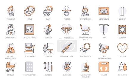 Gynecology line icons set. Ultrasound, fertility, fetus, newborn baby, gynecologist, doppler, condom, stroller vector illustration. Outline signs about pregnancy. Grey orange color Editable Stroke.