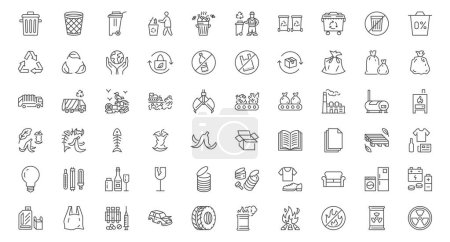 Waste sorting line icons set. Plastic bottle, biodegradable trash, junk truck, landfill, paper, glass, battery, conveyor vector illustration. Outline signs about garbage recycle. Editable Stroke.