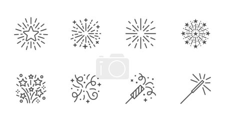 Firework line icon set. Christmas sparkler confetti, firecracker minimal vector illustration. Simple outline sign for New Year celebration party. Editable Stroke.