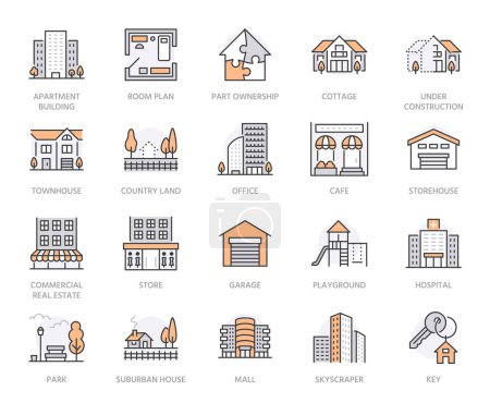 Illustration for Real estate flat line icons set. House sale, commercial building, country home area, skyscraper, mall, kindergarten vector illustrations. Infrastructure signs. Orange color. Editable Stroke. - Royalty Free Image