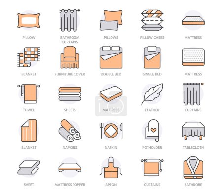 Bedding flat line icons. Orthopedics mattresses, bedroom linen, pillows, sheets set, blanket and duvet illustrations. Thin signs for interior store. Orange color. Editable Stroke.