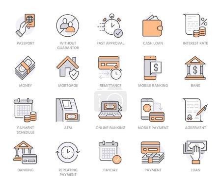 Illustration for Finance, money loan flat line icons set. Quick credit approval, currency transaction, no commission, cash deposit atm vector illustrations. Thin signs for banking. Orange color. Editable Stroke. - Royalty Free Image
