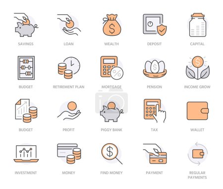 Illustration for Money income line icon set. Pension fund, profit growth, piggy bank, finance capital minimal vector illustration. Simple outline signs for investment application. Orange color. Editable Stroke. - Royalty Free Image