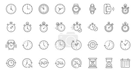 Illustration for Time line icons set. Timer, alarm clock, wristwatch, smart watch, hourglass, schedule calendar vector illustration. Outline signs about notification. Editable Stroke - Royalty Free Image