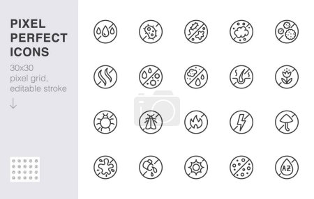 Illustration for Fabric material protection line icon set. Sweat resistant, antibacterial proof, antistatic minimal vector illustration. Simple outline sign for clothing material. 30x30 Pixel Perfect, Editable Stroke. - Royalty Free Image