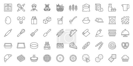 Bakery line icons set. Baking - whisk, egg, flour, oven, mill, bread basket, birthday cake, pastry bag, wheat, croissant vector illustration. Outline signs of confectionery sweet food. Editable Stroke Poster 655404692