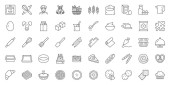 Bakery line icons set. Baking - whisk, egg, flour, oven, mill, bread basket, birthday cake, pastry bag, wheat, croissant vector illustration. Outline signs of confectionery sweet food. Editable Stroke Poster #655404692