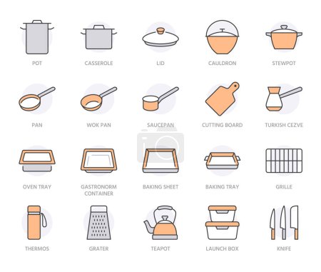 Symbolset für Kochgeschirr. Küchenausstattung - Kochtopf, Bratpfanne, Deckel, Messerreibe minimale Vektordarstellung. Einfache Umrisse von Kochutensilien. Orangefarben. Essbarer Schlaganfall.