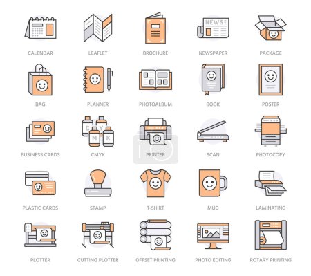 Printing house flat line icons. Print shop equipment - printer, scanner, offset machine, plotter, brochure, stamp. Thin linear signs for polygraphy office, typography. Orange color. Editable stroke.