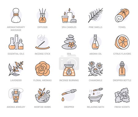 Modern vector line icon of aromatherapy and essential oils. Elements - aromatherapy diffuser, candles, incense sticks, herbal bags. Linear pictogram for aroma spa salon. Orange color. Editable stroke.