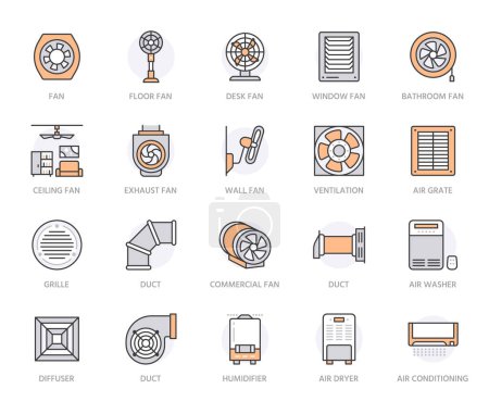 Illustration for Ventilation equipment line icons. Air conditioning, hvac, cooling appliances, climate system, aeration. Household and industrial ventilator thin linear signs for store. Orange color. Editable stroke. - Royalty Free Image