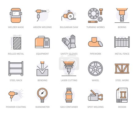 Illustration for Welding services flat line icons. Rolled metal products, steelwork, stainless steel laser cutting, turning works, safety equipment. Industry thin signs for ironworks. Orange color. Editable stroke. - Royalty Free Image