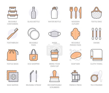 Zero waste products flat line icons set. Reusable bottle, wooden cutlery, metal straw, period pad, face mask vector illustration. Outline signs of sustainable lifestyle. Orange Color. Editable Stroke.
