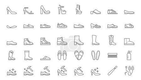 Conjunto de iconos de línea de zapatos. Sandalia de tacón alto, botas de vaquero, calzado de senderismo, zapatillas, zapatillas, mocasín, mocasín ilustraciones vectoriales mínimas. Señales de contorno simples para la aplicación de moda. Carrera Editable.