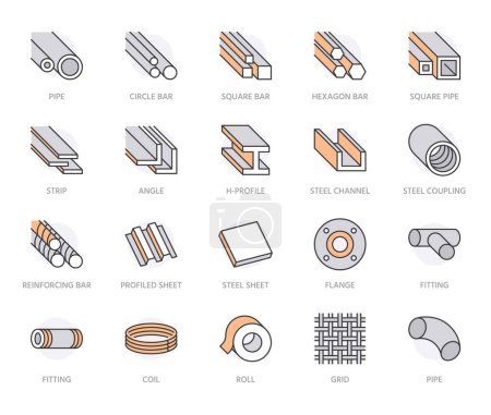Illustration for Stainless steel flat line icons set. Metal sheet, coil, strip, pipe, armature vector illustrations. Outline signs for metallurgy products, construction industry. Orange Color. Editable Strokes. - Royalty Free Image
