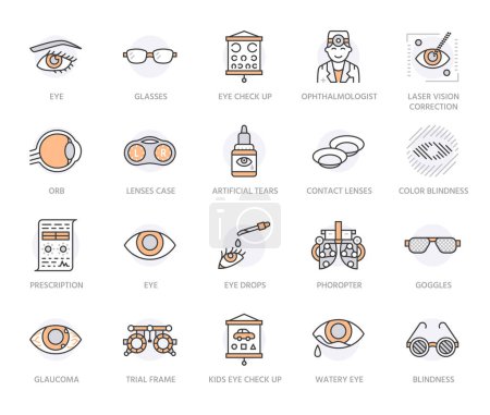 Illustration for Ophthalmology, eyes health care line icons. Optometry equipment, contact lenses, glasses, blindness. Vision correction thin linear signs for oculist clinic. Orange Color. Editable Stroke. - Royalty Free Image