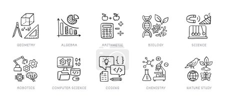 Illustration for Natural sciences doodle icon set. School subjects - geometry, math, biology, chemistry, computer education line hand drawn pictograms. - Royalty Free Image