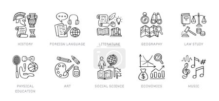Humanitarian sciences doodle icon set. School subjects - history, language, literature, geography, physical education line hand drawn pictograms.