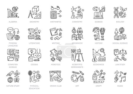 Illustration for School subjects doodle icon set. Sciences - geometry, math, biology, chemistry, history, robotics, computer education, drama club line hand drawn pictograms. - Royalty Free Image