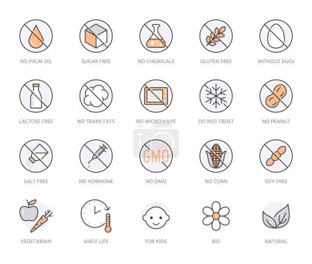 Natural food flat line icons set. Sugar, gluten free, no trans fats, salt, egg, nuts, vegan vector illustrations. Thin signs for packaging, expiration date. Orange Color. Editable Strokes.
