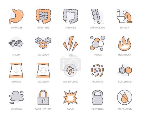 Illustration for Symptoms of abdominal disease flat line icons set. Stomach pain, appendicitis, heartburn, spasm, guts, vomiting, diarrhea vector illustrations. Thin signs for digestion. Orange Color. Editable Stroke. - Royalty Free Image