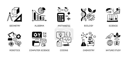 Illustration for Natural sciences doodle icon set. School subjects - geometry, math, biology, chemistry, computer education line hand drawn illustration. - Royalty Free Image