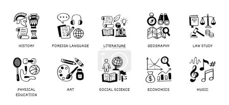 Humanitarian sciences doodle icon set. School subjects - history, language, literature, geography, physical education line hand drawn illustrations.