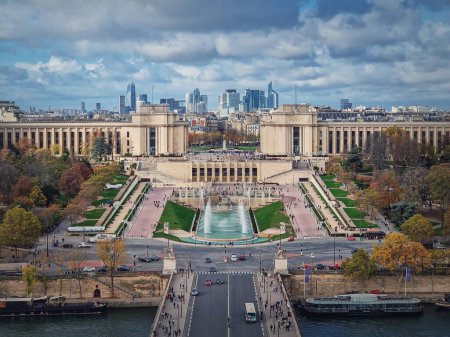 Photo for Closeup aerial view of the Trocadero area with La Defense metropolitan district seen at the horizon in Paris, France - Royalty Free Image